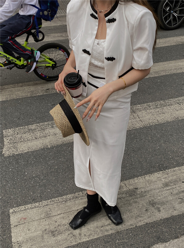 [semi plain] large women's contrast short coat + slim skirt two piece suit a819\zsy