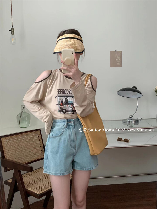 [imagine sailormoon] casual loose print off shoulder long sleeve T-shirt 88607\xyy