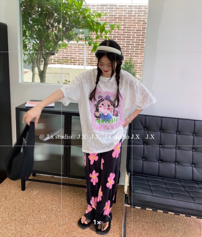 [JX] personalized versatile cartoon lace short sleeve T-shirt 1090\wtt