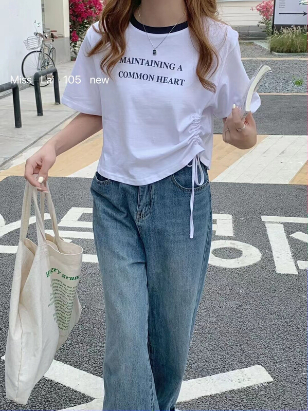 [HH &miss Lai] trendy letter print color block drawstring short sleeve T-shirt 105\l