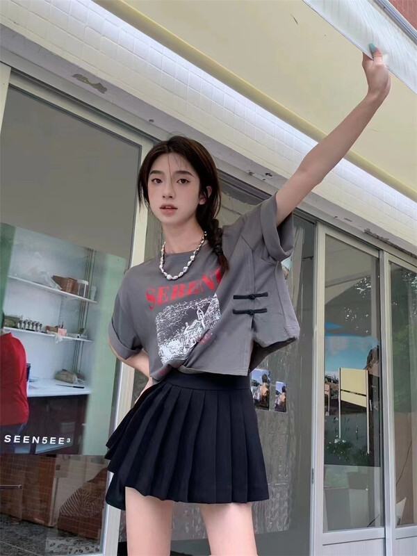 [yoyo style] personalized letter Chinese knot decoration short short sleeve T-shirt 8590\xyy