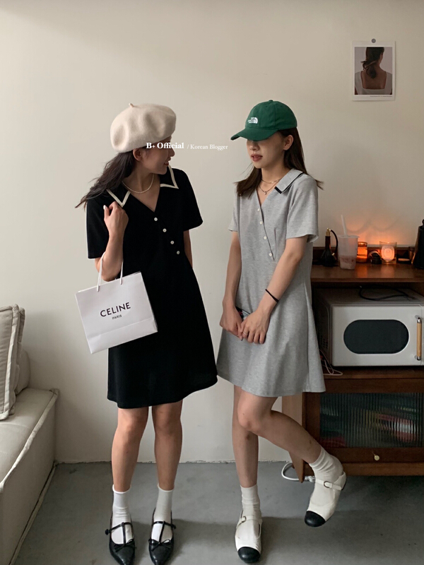 [B plus] Korean fresh polo collar waist dress 22-392-2\hbx