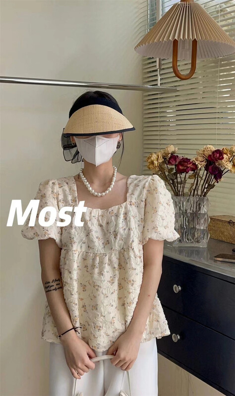 [most] square neck lady bubble sleeve pleated blouse 97170\zjy