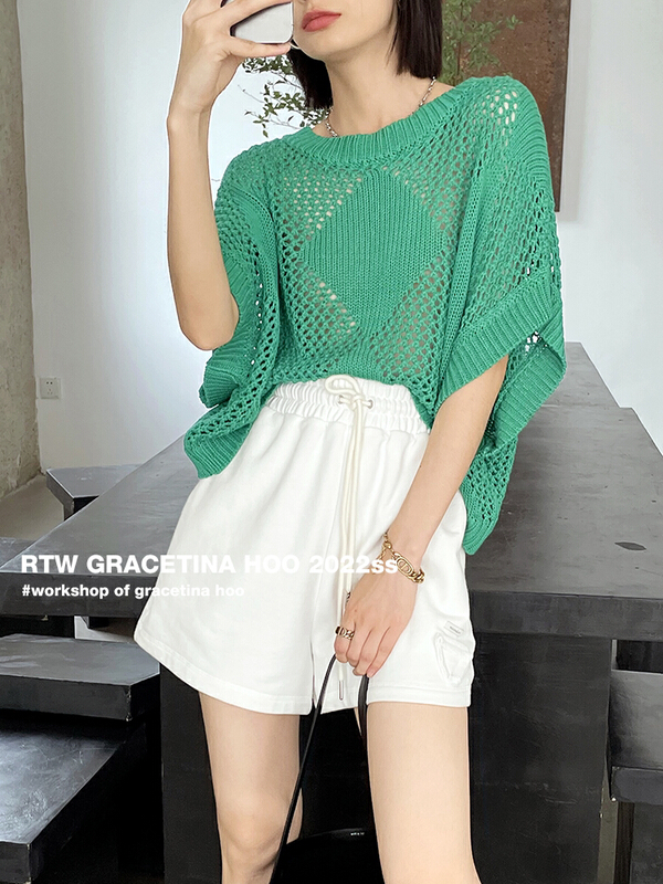 [gracetina Hoo] French rhombic mesh hollow out T-shirt z858