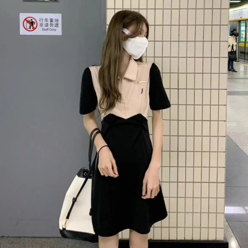 Fashionable Korean pop dress in summer  new Polo neck small black skirt with slim waist and chic A-line short skirt