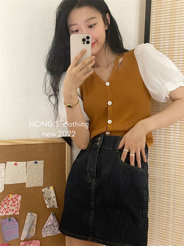 [Hong's] V-neck single breasted color matching comfortable knitted cardigan 3085\ll