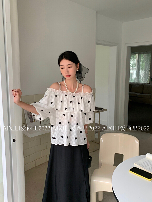 [aixili aixili] polka dot printed off shoulder shirt 6515\wpl