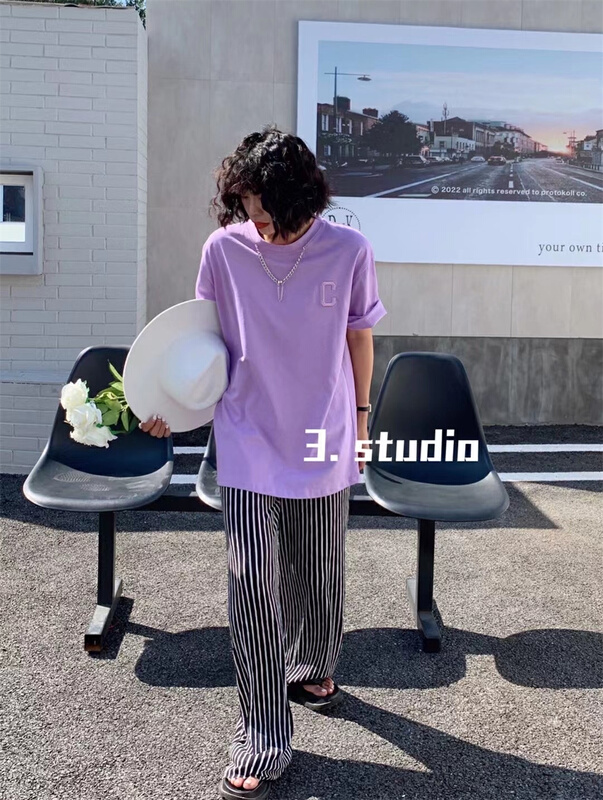 In early summer! [3.studio] Korean round neck letter embroidered short sleeve T-shirt (with removable chain) 22315a\xyy