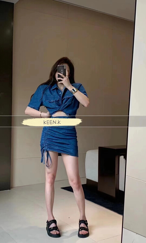 [keen k] Korean short denim shirt + drawstring Spice Girl Skirt Set tz68\wtt