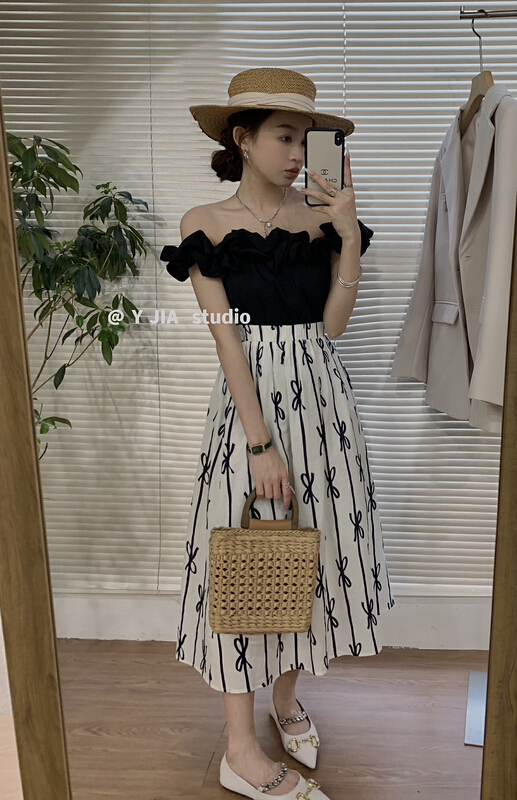 [y.jia EJA] gentle off shoulder shirt + Korean slim slim slim slim skirt set 5636\pcz