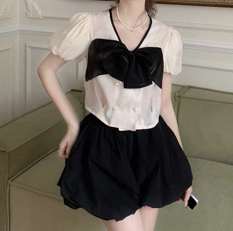 [JH] net red bow small fragrant Top + fluffy skirt suit (with bow) 41980\pcz