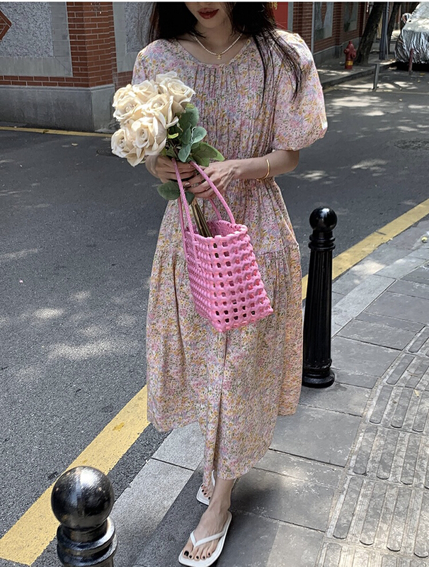 [Dai Dai] bubble sleeves, broken flowers, waist closing, thin, Korean temperament, gentle, sweet dress 4918\hbx