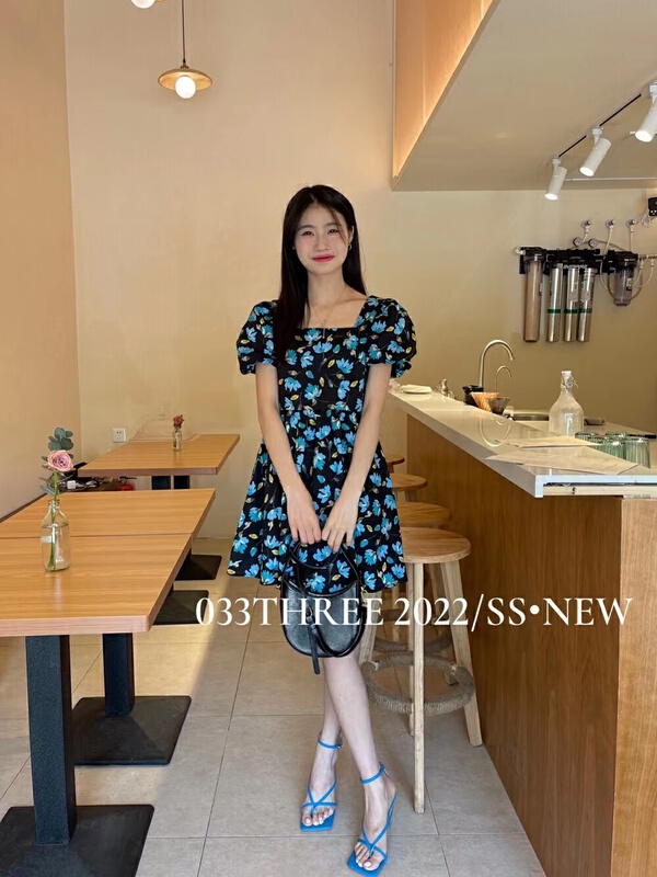 [AOT] Korean printed square neck bubble sleeve dress (with hair circle) 5512\xyy