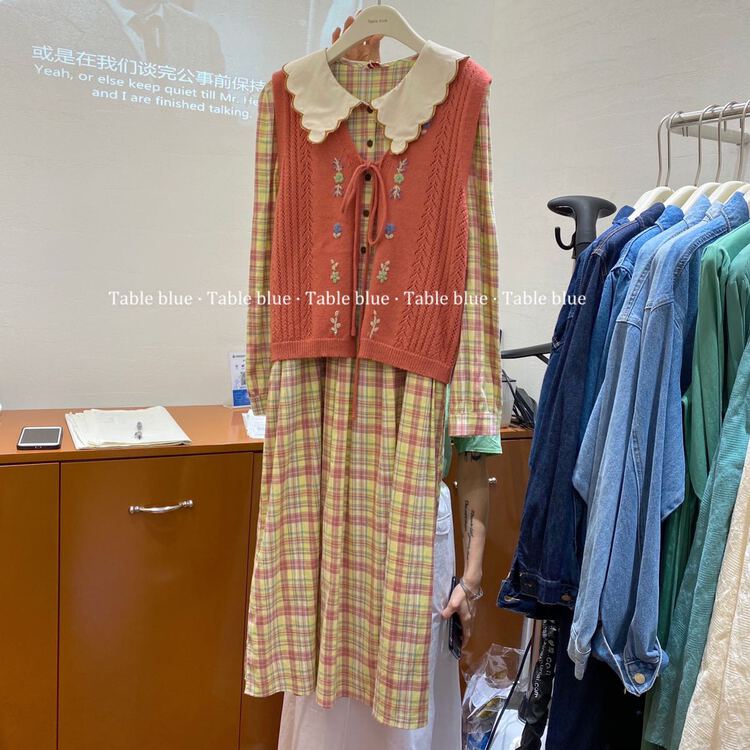 New year in early spring! [table blue] Korean Plaid thin dress 2078\lsw