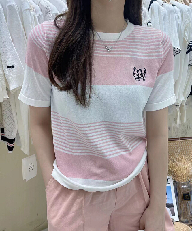[S.J] cute cat casual loose stripe color matching round neck T-shirt 6931\lsw