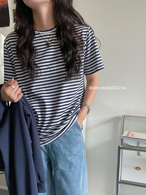 Original price 45! [aimistyle] Korean round neck stripe short sleeve T-shirt 10295\hbx