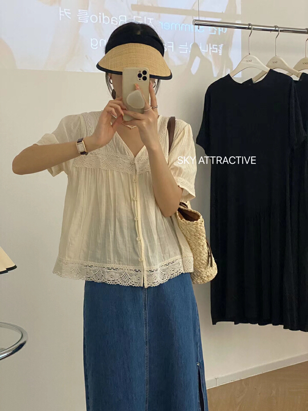 [sky] V-neck lace blouse 19289\hbx