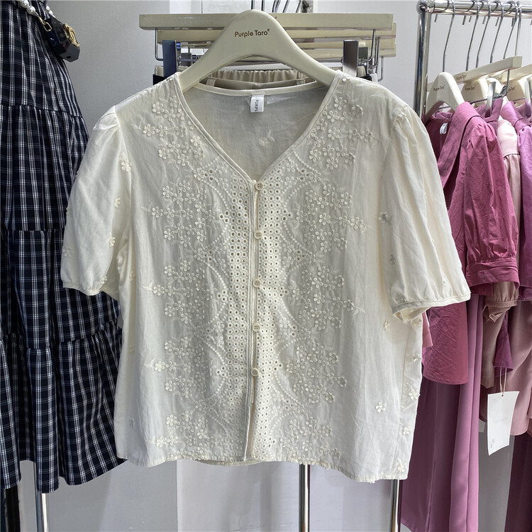 [zishujia] V-neck button embroidered single breasted shirt 7722\hbx