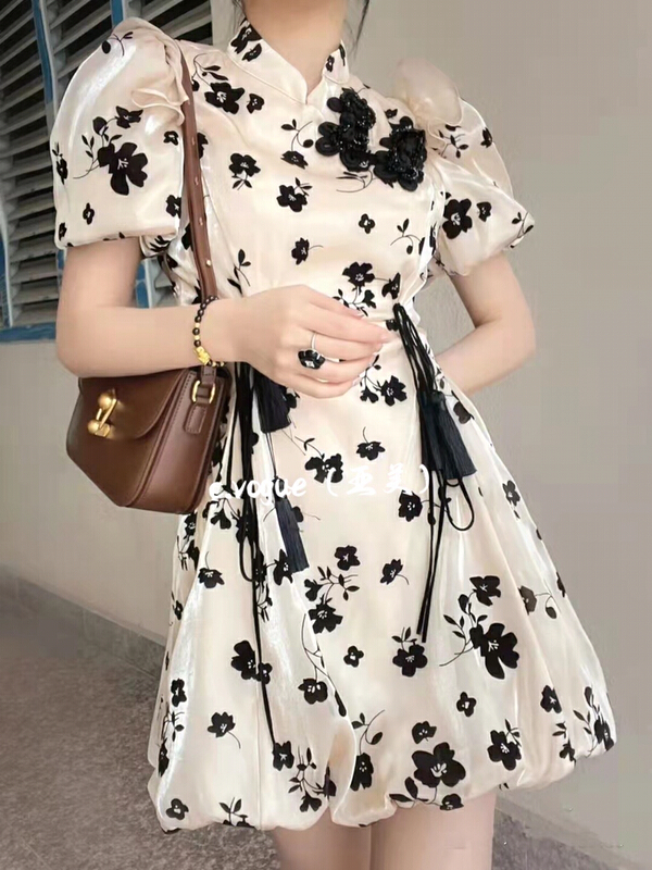 [c.vogue] retro improved cheongsam button flocking dress 38170\pcz