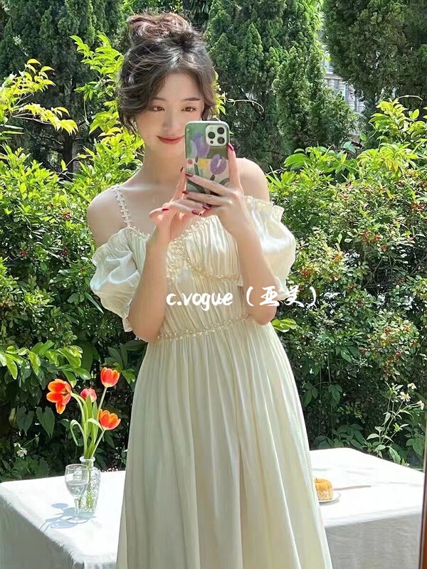 【C.VOGUE】法式復古設計感落肩袖收腰連衣裙  3829#  PCZ