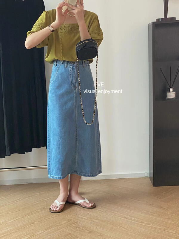 [ve] back elastic waist double button denim skirt 2866\hbx