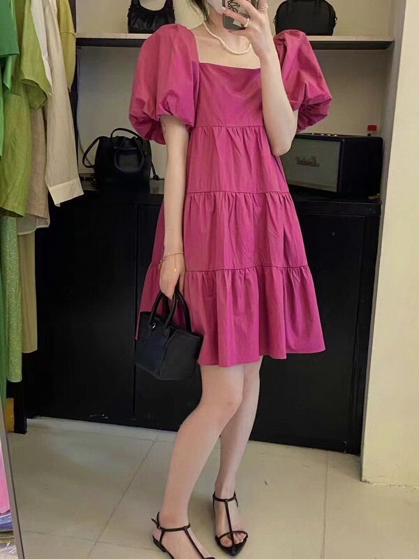 [the most] simple slim square neck bubble sleeve dress 8880\hbx