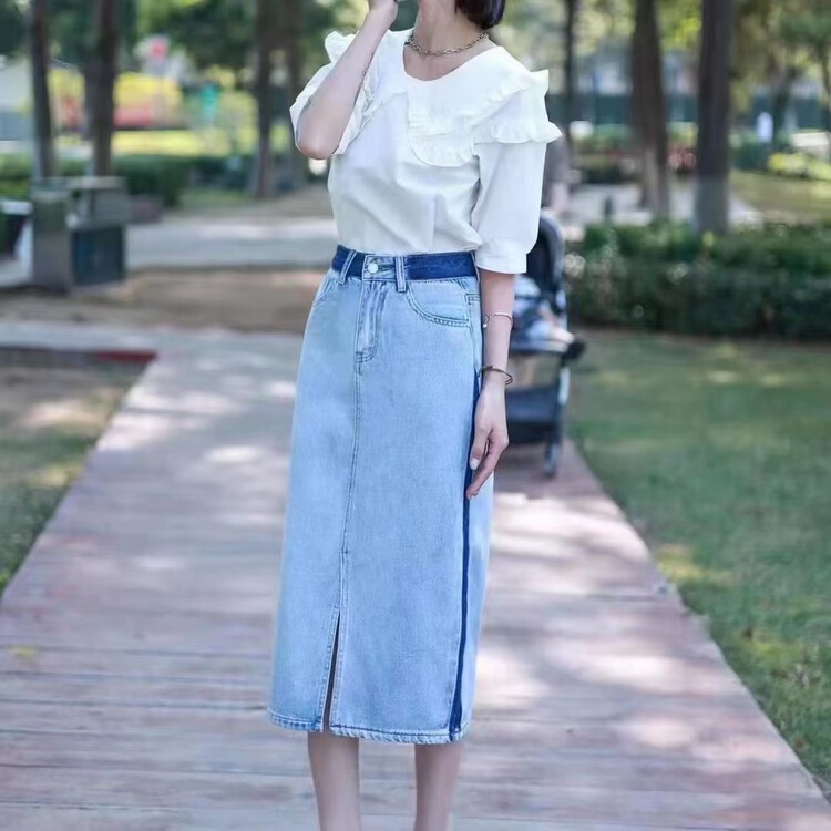 [Gu Muyu] Korean personalized color contrast denim skirt 6038\zjy