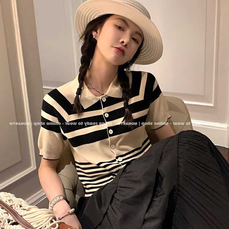 [kakamee] Korean stripe aging knitted cardigan (excluding necklace) ys1-227\lsl