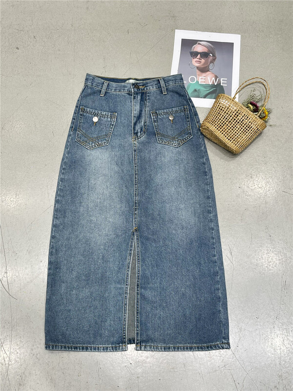 [runway girl] retro versatile split mid length denim skirt 6856-1\zjy