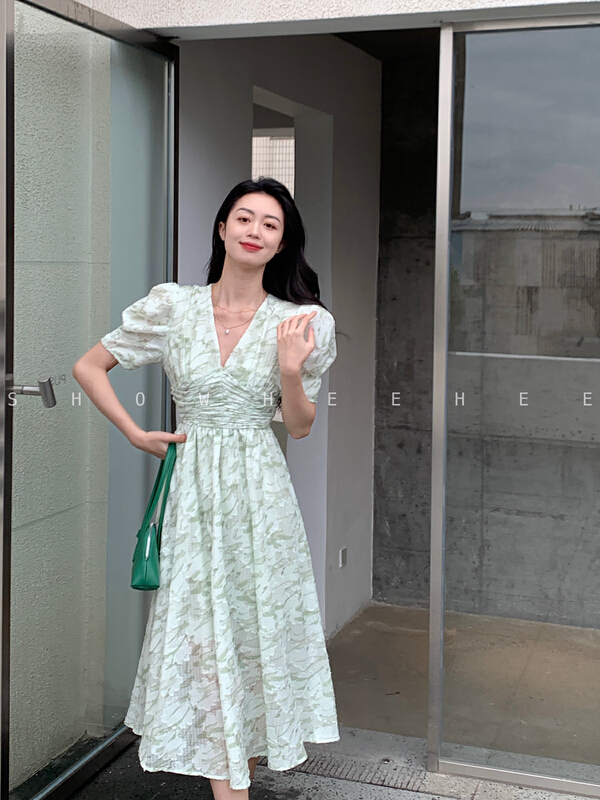[xiuxixi] elegant temperament custom fabric pleated waist V-neck Printed Dress 8116\jhy