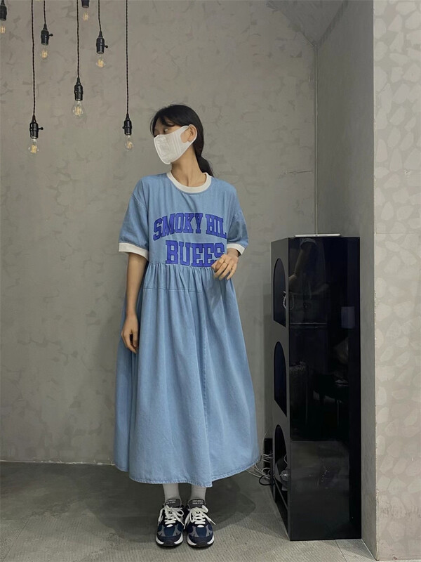 [red Niuniu] loose letter printed denim dress 9593\xyy