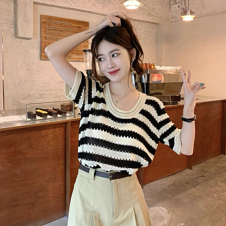 [y.jia EJA] soft round neck stripe hollow out knitted short sleeve T-shirt 233