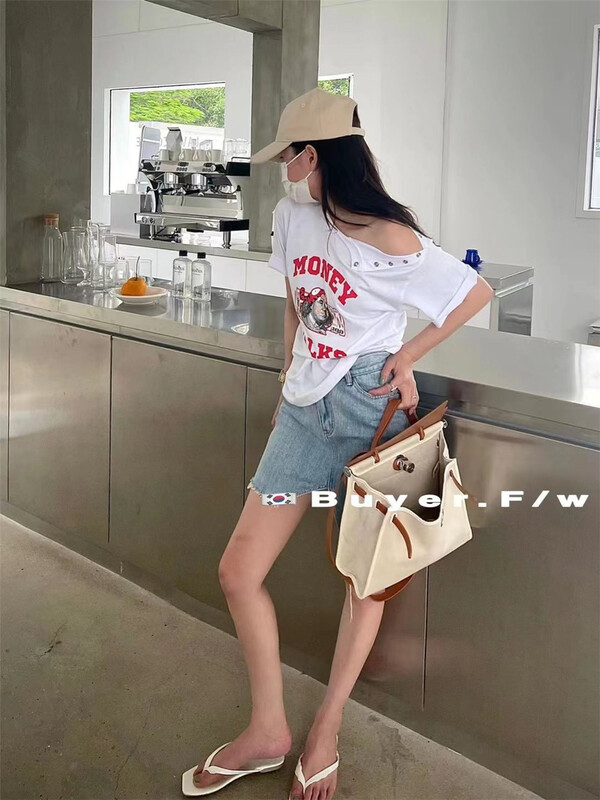 [buyer] button shoulder print Pullover round neck short sleeve T-shirt 0382\wtt