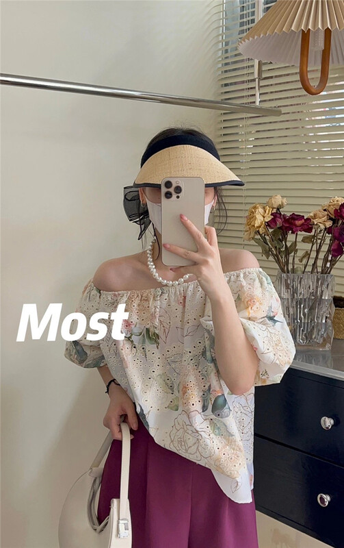[most] temperament bubble sleeve printed hollow out shirt 97129\zjy