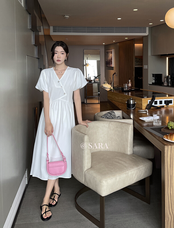 [Sara] French elegant V-neck narrow waist dress 90039\lwy