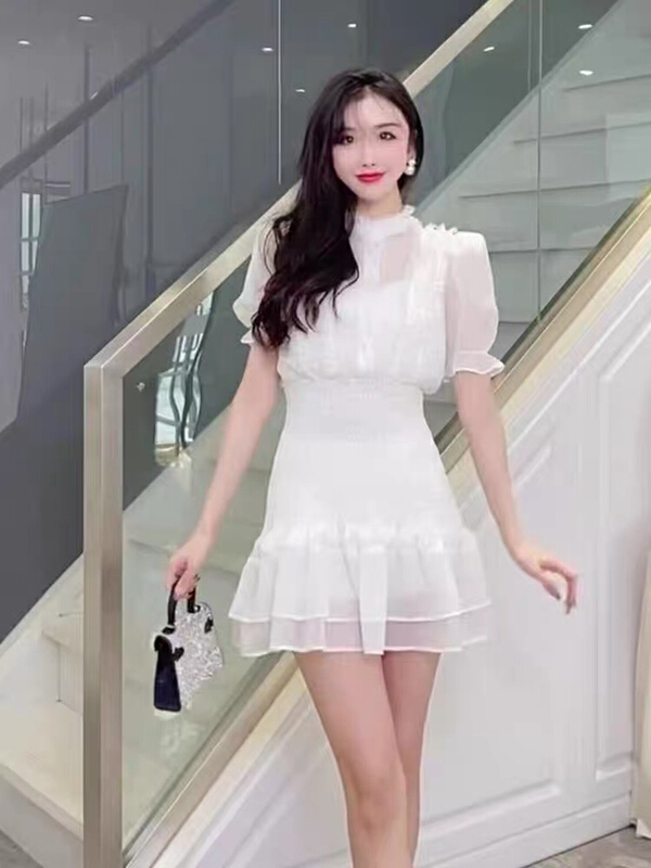 [Huaxi] sweet mesh waist closing bubble sleeve dress 9222\pcz