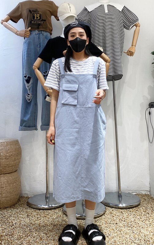 [ycnana] stripe Korean Short Sleeve T-Shirt + age reducing loose strap skirt set 98158\lsw