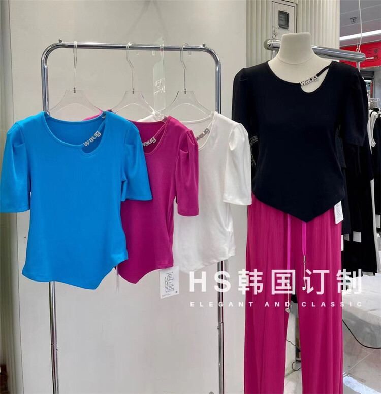 In early summer! [HS customized in Korea] casual round neck heavy industry bubble sleeve short sleeve T-shirt 65221\hjy