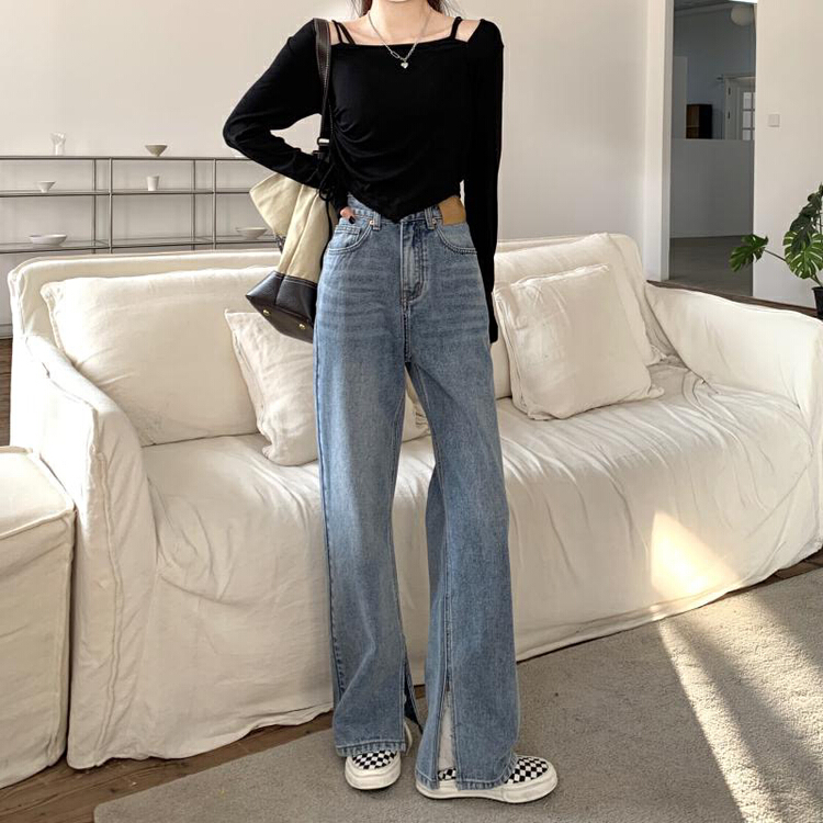 New year in early spring! [ten. 10] Korean version ins leather brand design high waist side slit thin wide leg jeans 303\wpl