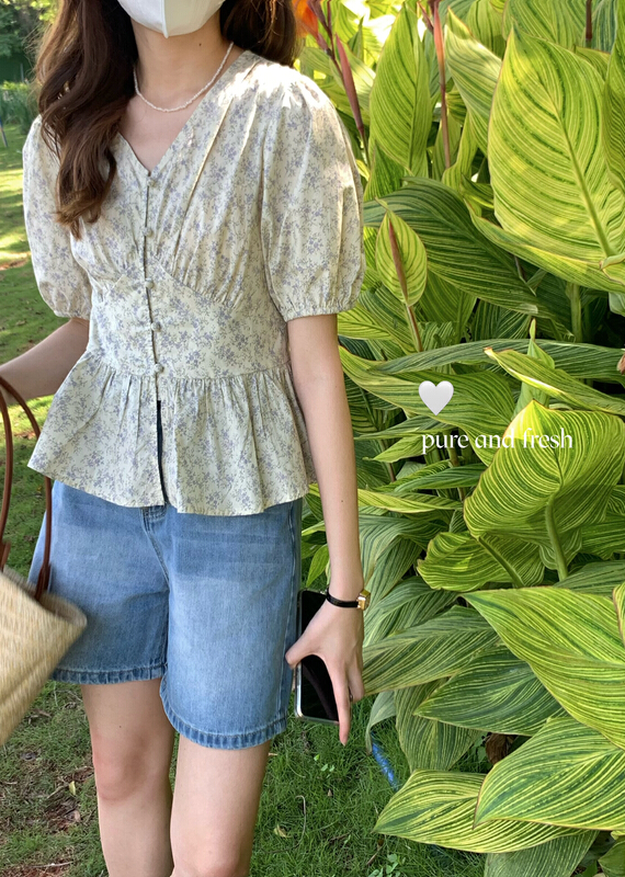 [meetu] Korean floral bubble sleeve waist shirt 22352\hbx