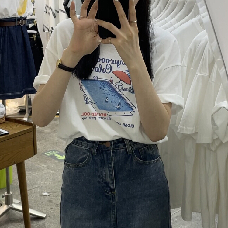 [Li Bai] ins super popular American retro women's summer and Korean trendy design sense of minority loose and versatile short sleeve T-shirt 2835-1\ll