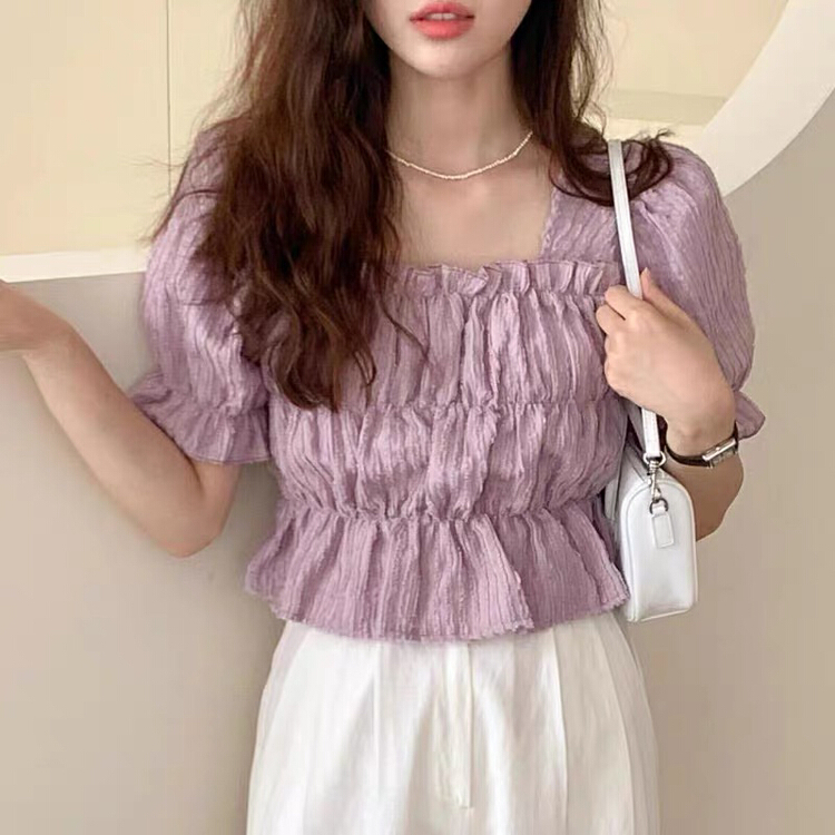 [Huaxi] French jacquard fold waist closing bubble sleeve Square Neck Shirt 9205\pcz