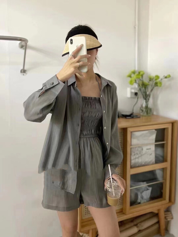 [top] lazy long sleeve sunscreen shirt + pull design Strapless Jumpsuit suit 9258\zjy