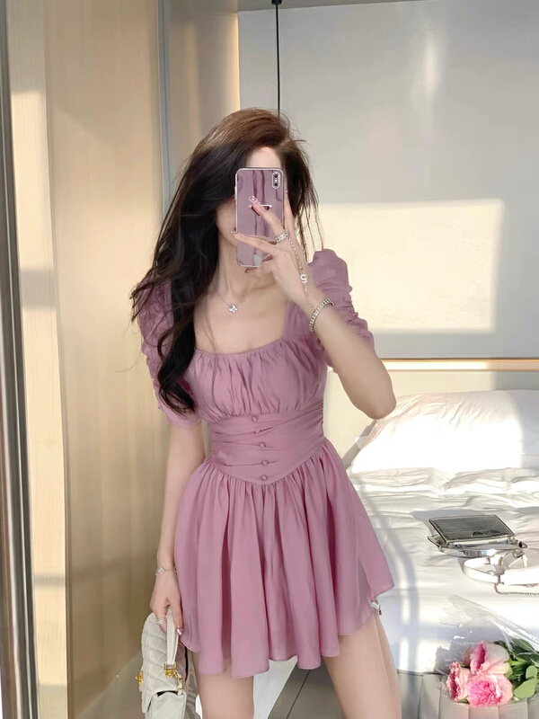 [by] pure waist and square neck pleated Tencel dress 7270\cl