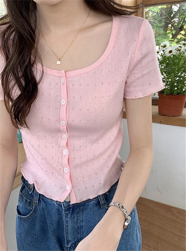 [miss sumey millet] clear color round neck button short short sleeve T-shirt 2417-1\hbx