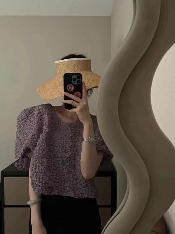 [lidada] large round neck bubble sleeve blouse (only selling tops) 2352\hbx
