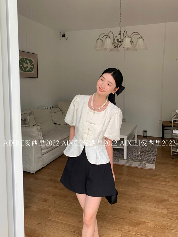[aixili aixili] fresh and simple round neck button up shirt 6676