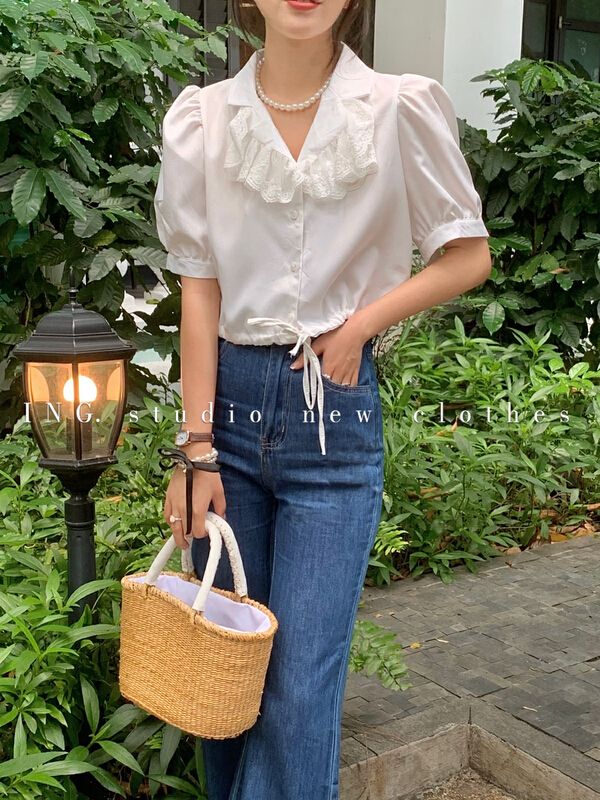 [ing] Lapel lace stitched blouse 9055