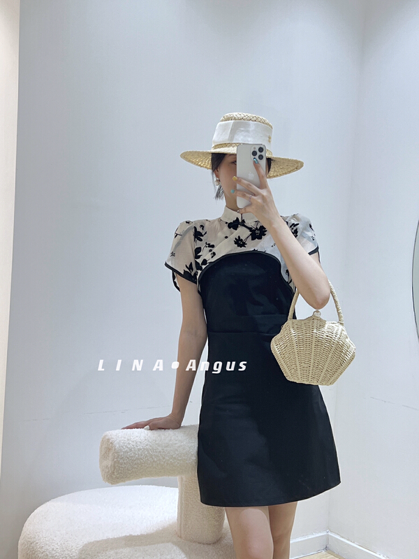 [Lina] Vintage jacquard stand collar short shirt + solid color slim fitting suspender skirt two piece suit 0175\hjy