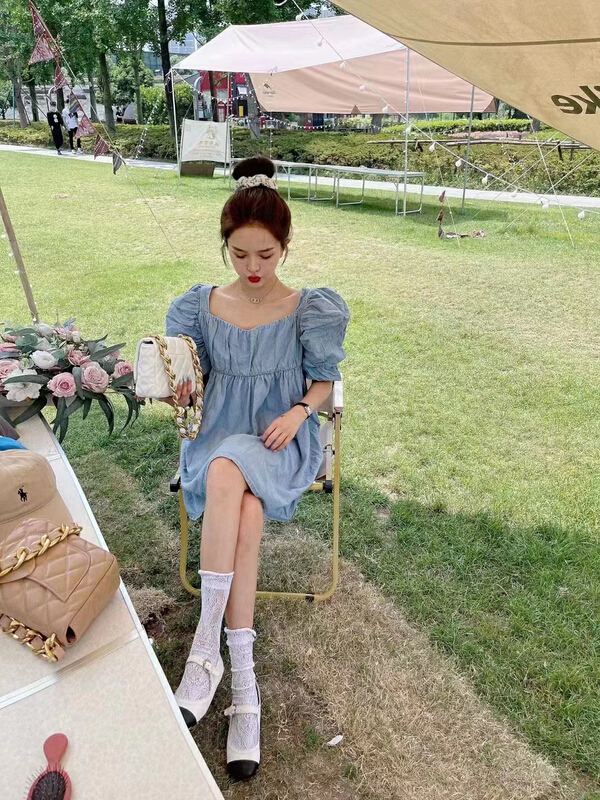 [mi ni] square neck loose back denim dress (dress only) 1410\pcz